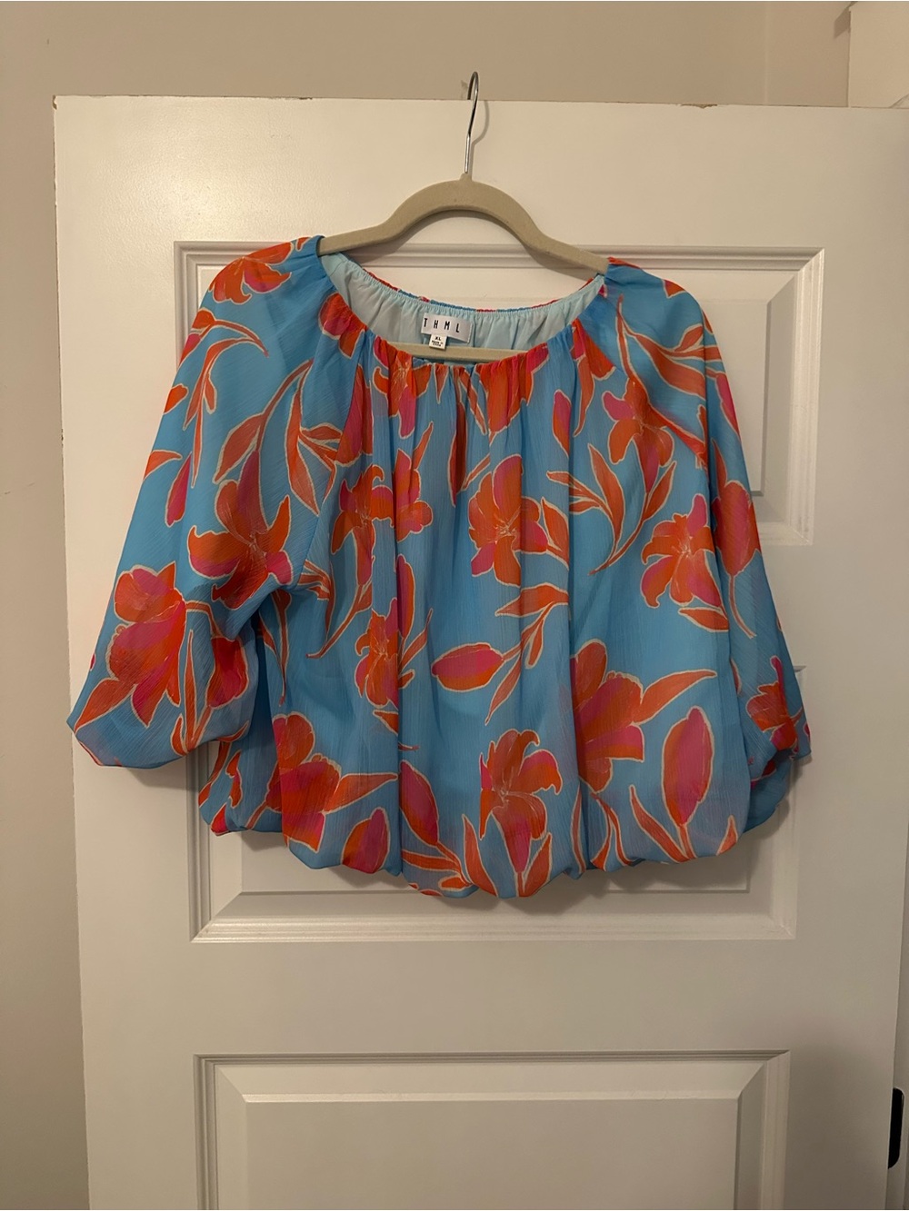 Tahari Sky Blue Floral Balloon-Sleeve Blouse